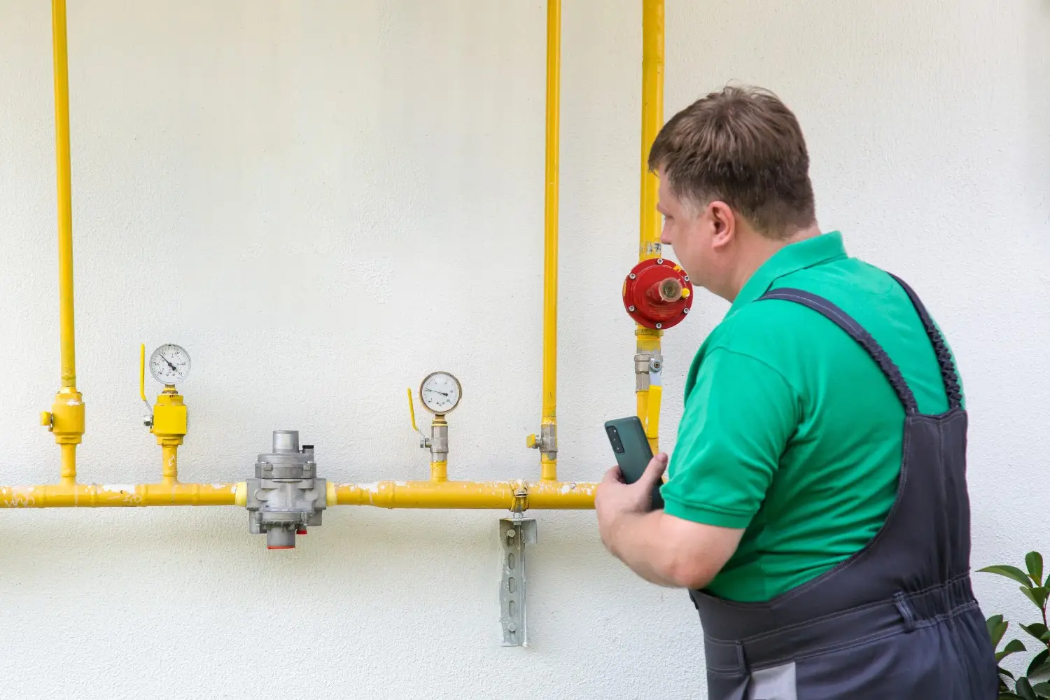 A technician in a green shirt and grey overalls is inspecting yellow gas pipes and meters mounted on a white wall, holding a smartphone in his left hand.