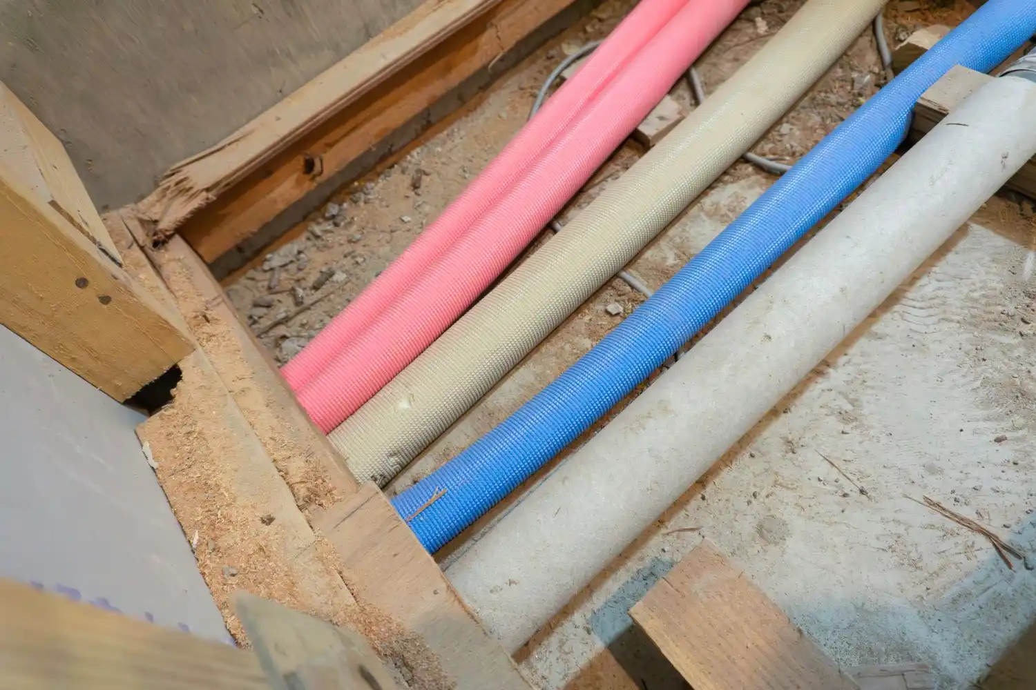A close-up shows newly installed pink, beige, and blue PEX pipes, possibly with sleeves, running through wooden floor joists during a repiping project.