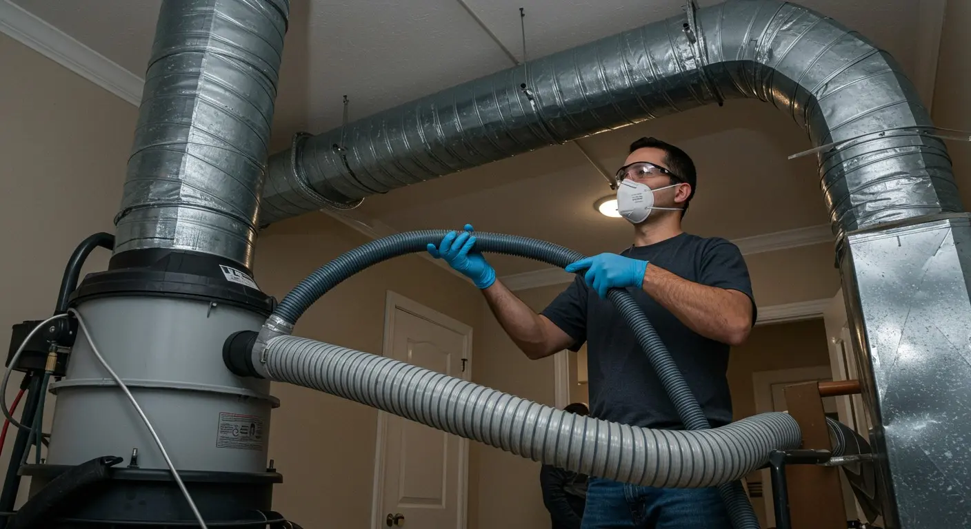 Air Duct Cleaning in Nacogdoches, TX | McWilliams Heating, Cooling and Plumbing A technician wearing a face mask and blue gloves is holding a vacuum hose, performing duct cleaning on large metal ducts in a room.