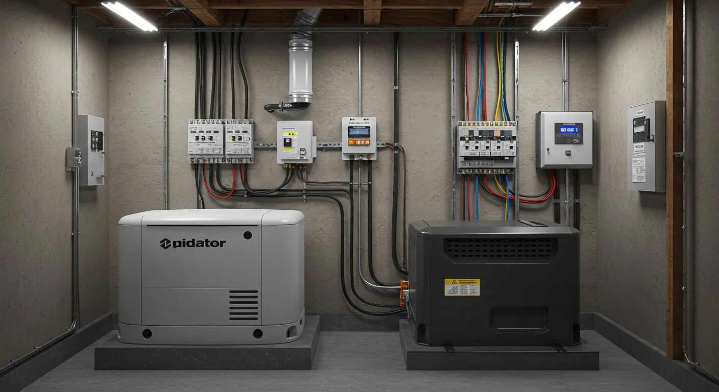 Generators in Nacogdoches, TX | McWilliams Heating, Cooling and Plumbing Two whole home generators, one light grey and branded "Generac," and one dark grey, are installed on elevated platforms in a utility room with exposed pipes, electrical conduits, and circuit breaker panels on the walls.