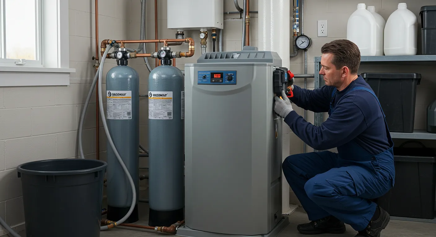 Water Softener in Livingston, TX | McWilliams Heating, Cooling and Plumbing Technician in blue overalls servicing AQUAPURE water filtration system with dual cylindrical tanks and copper piping in utility room, surrounded by tools and containers