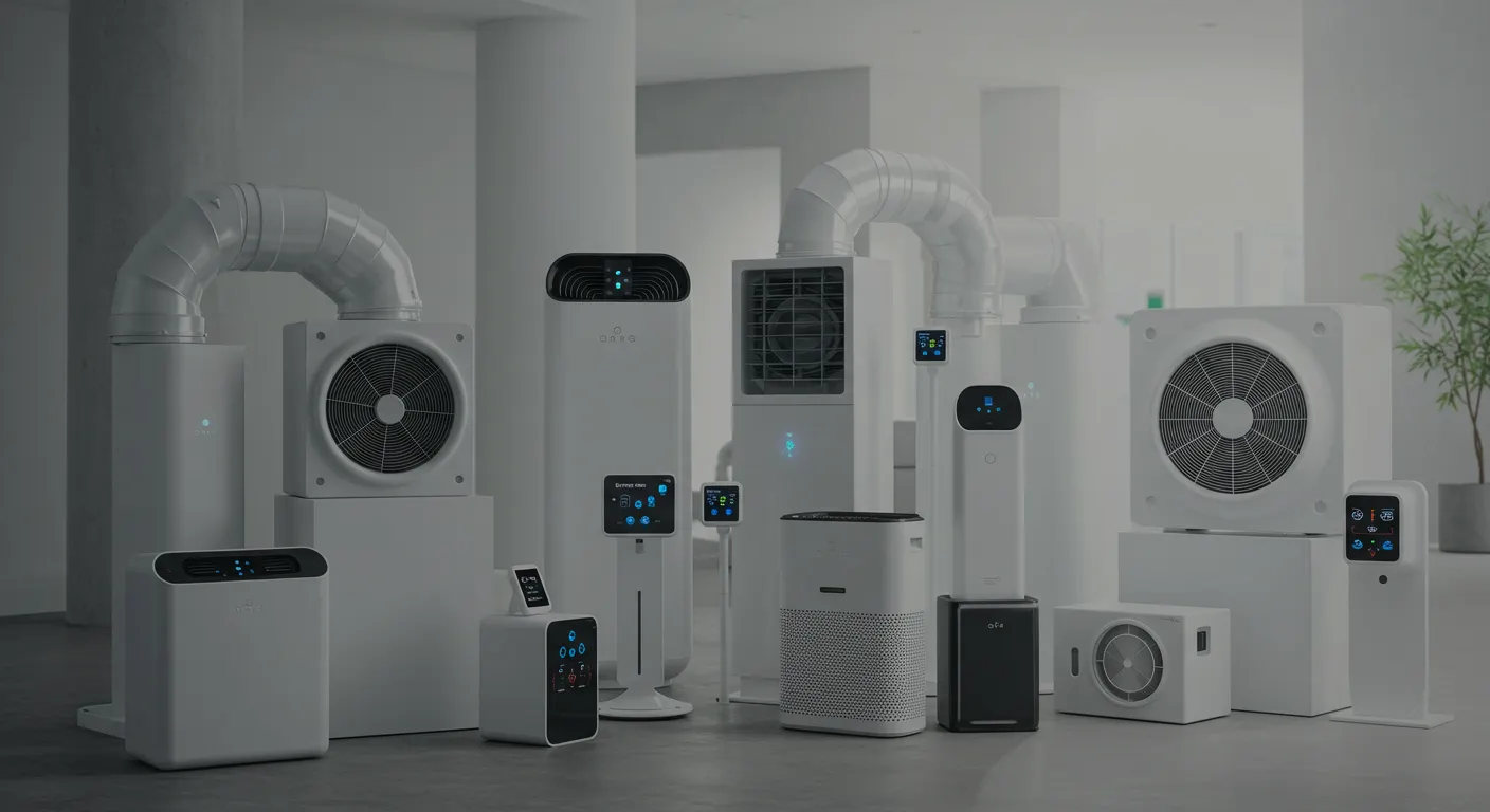 A collection of various white and black air purification and ventilation units ranging in size and design are displayed in a modern well lit showroom or exhibition space with large white pillars and a green plant in the background Many of the units have blue illuminated displays or accents suggesting they are powered on