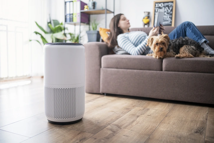 A tall white cylindrical air purifier with a perforated lower section sits on a light wooden floor in the foreground In the blurred background a woman is reclining on a brown sofa looking at a tablet with a small dog resting beside her The room appears to be a living space with plants and shelving in the background