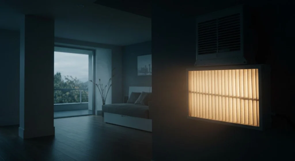 A wall mounted air purification unit with a glowing textured light panel sits on a dark wall in the foreground Above it is a white gridded ventilation unit In the blurred background a modern bedroom is visible through an open doorway with a bed a window looking out onto greenery and a picture on the wall The overall lighting suggests evening or low light conditions